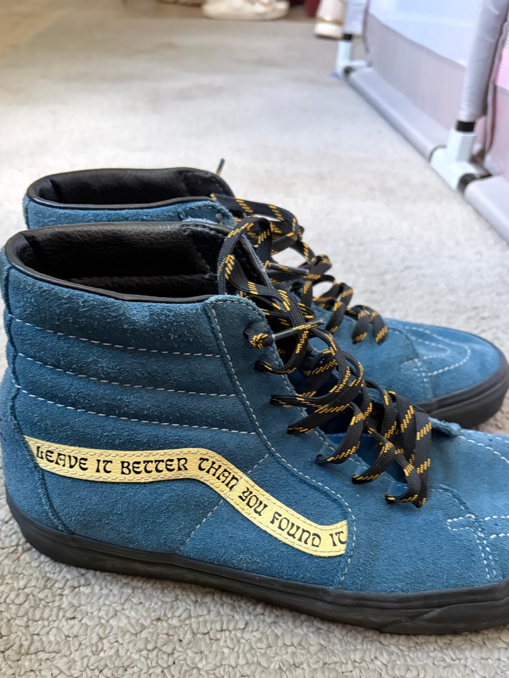 Vans Blue Suede SK8-Hi Sneakers with Yellow Accent